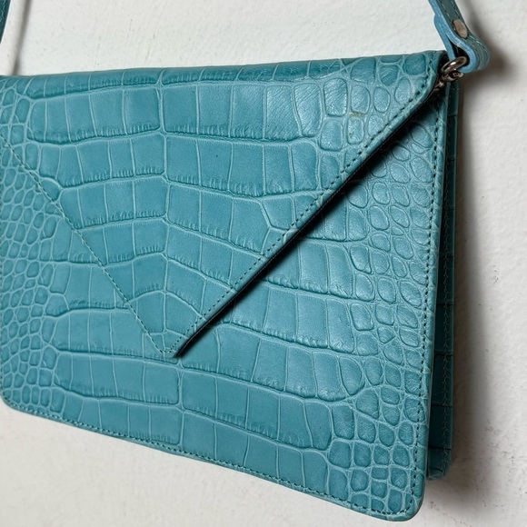 LAT for Bluefly Cerulean Croc Embossed Genuine Leather Convertible Clutch Purse - Picture 12 of 13